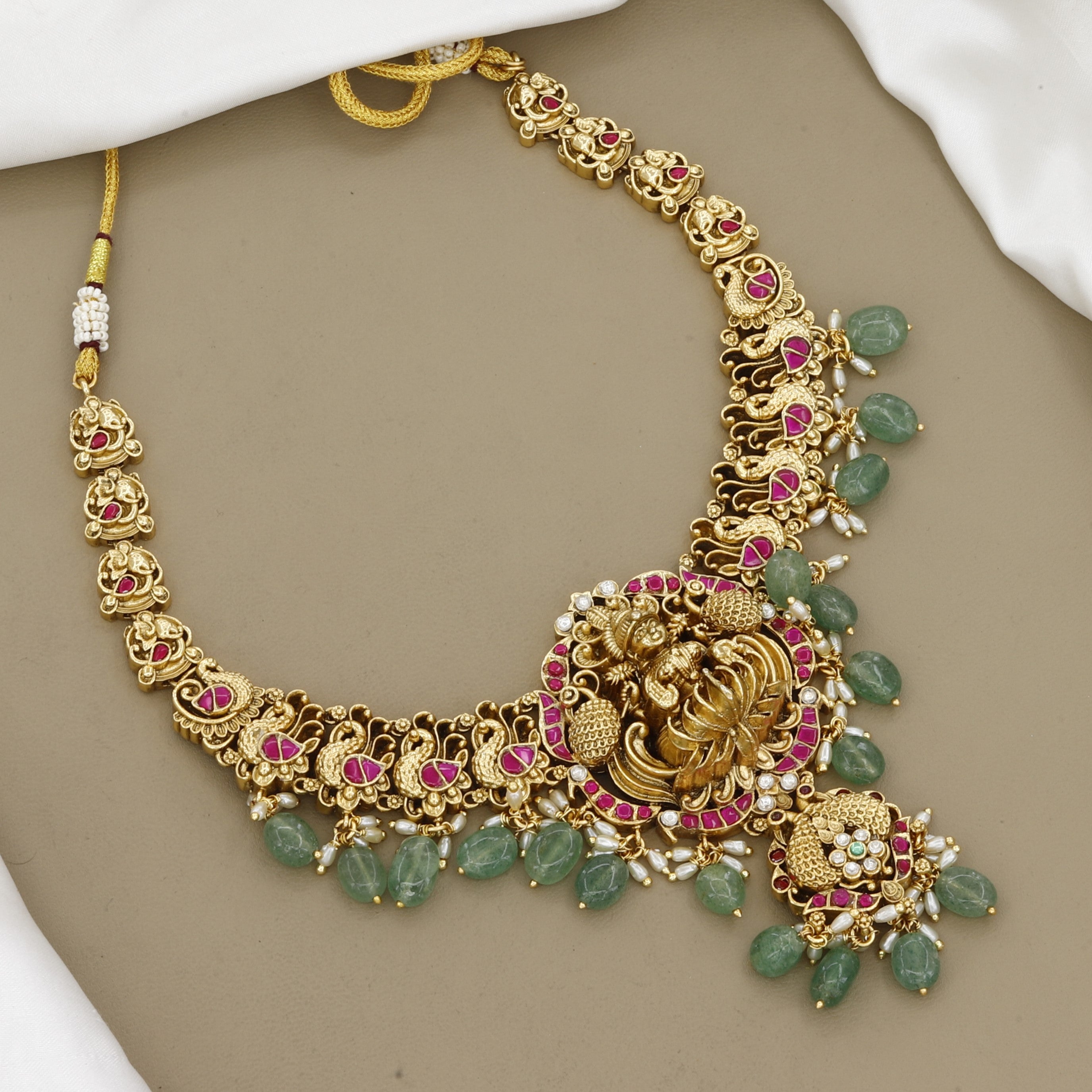 Traditional Lakshmi Lotus Temple Full Necklace Set