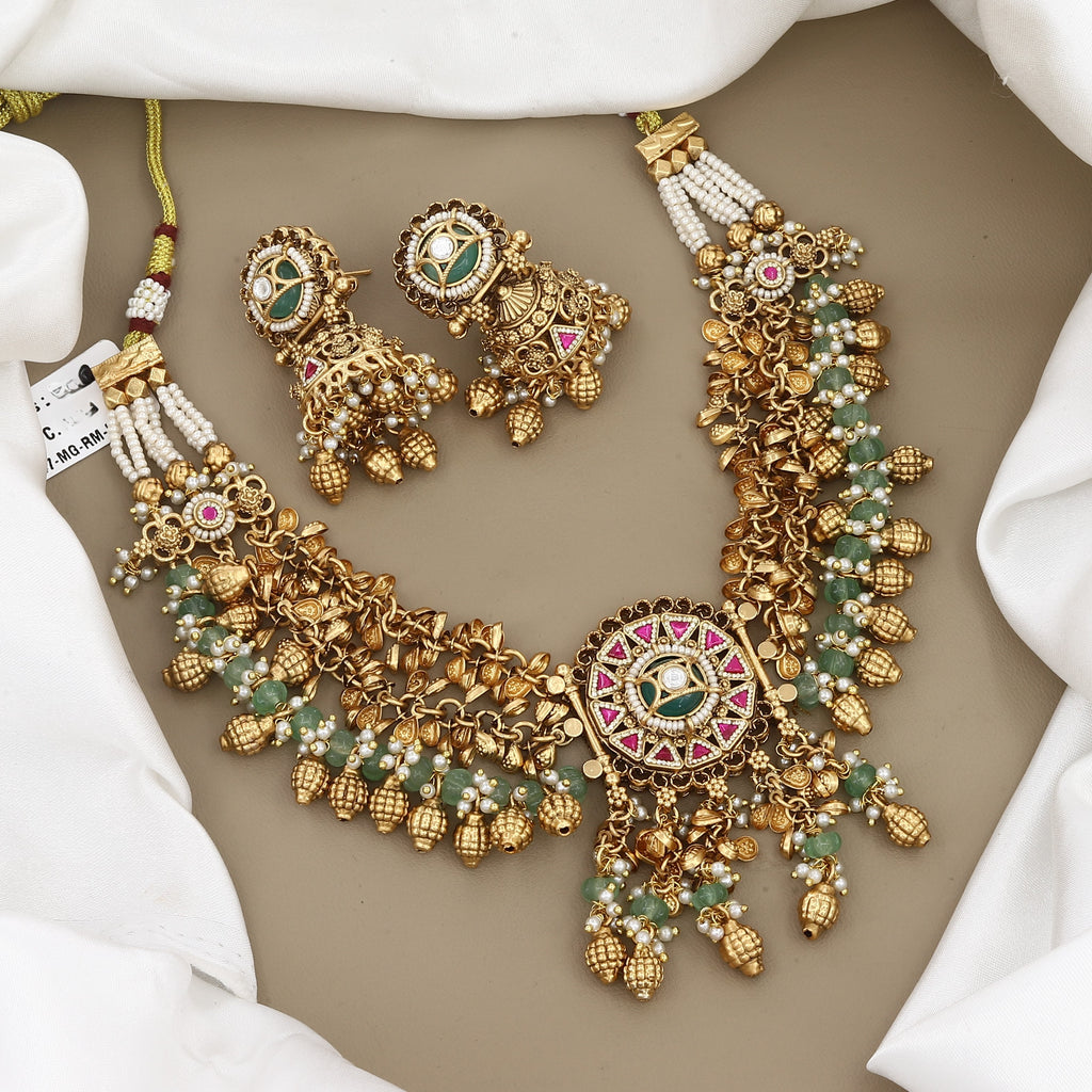 Traditional Gold-Plated Bead & Stone Necklace Set