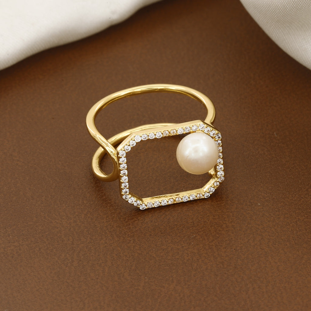 Contemporary Geometric Pearl & Crystal Halo Statement Ring