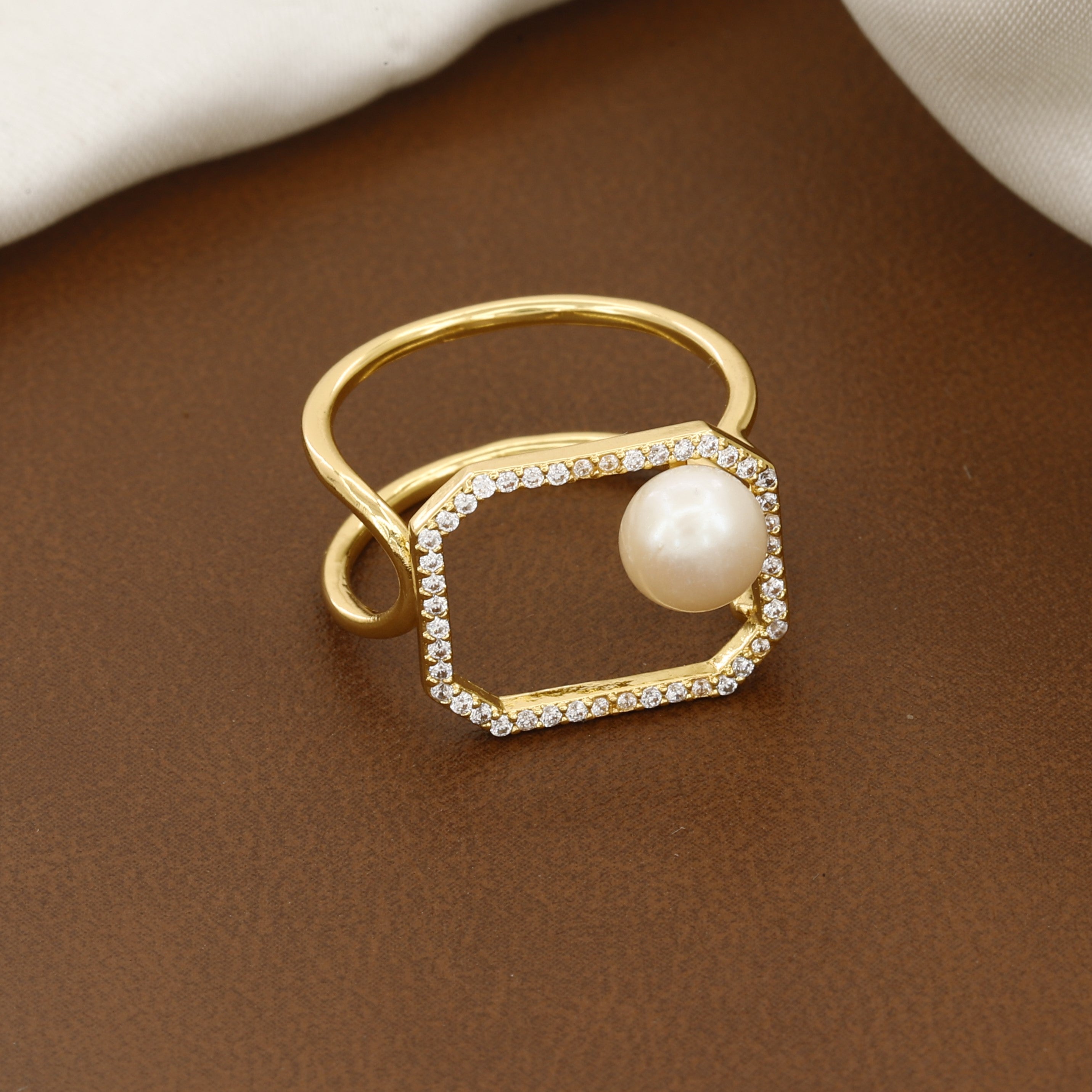 Contemporary Geometric Pearl & Crystal Halo Statement Ring