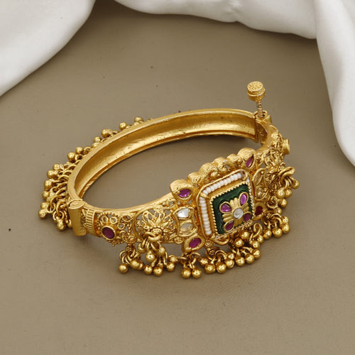 Antique Gold Temple Kada Bracelet with Ruby & Kundan Meenakari Work