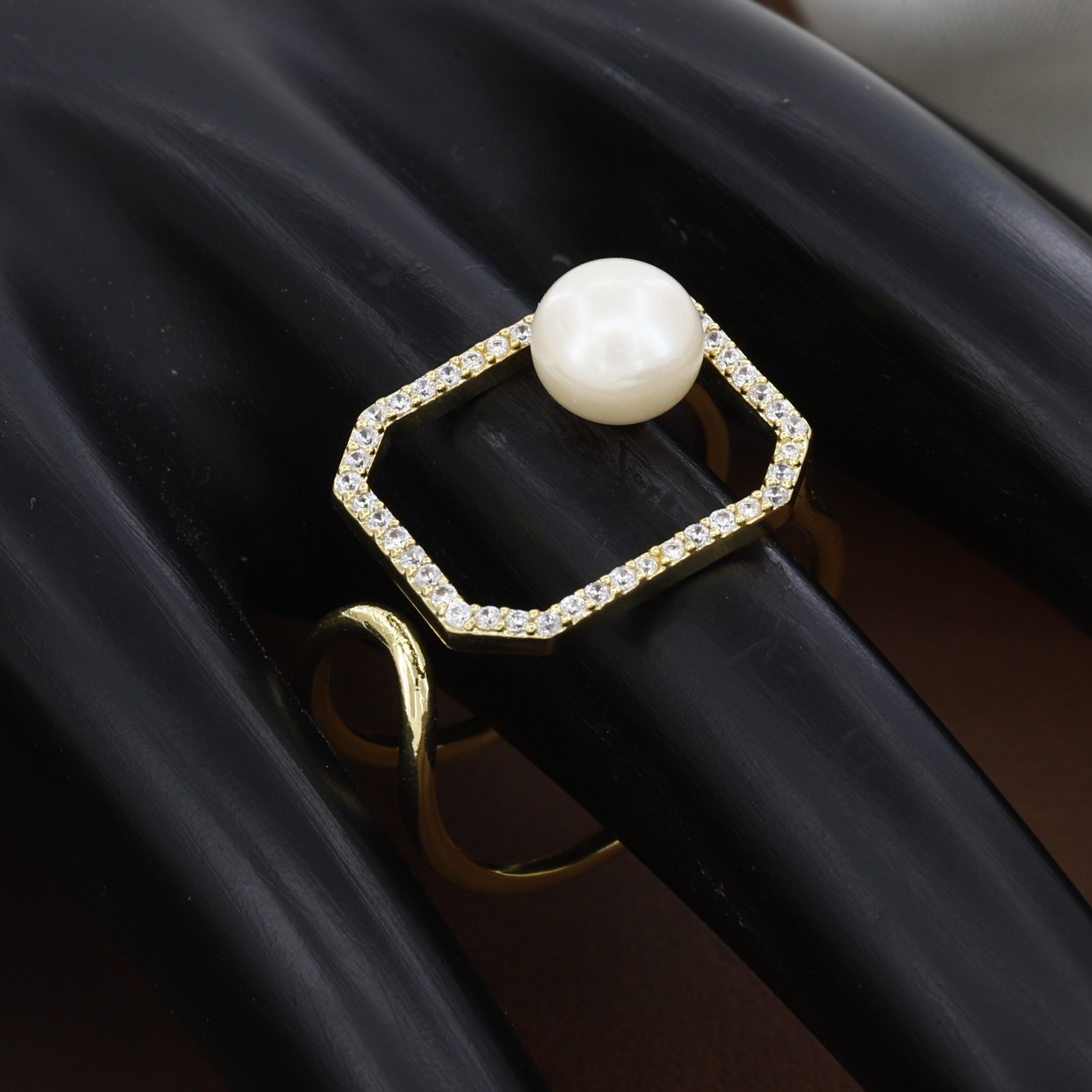 Contemporary Geometric Pearl & Crystal Halo Statement Ring