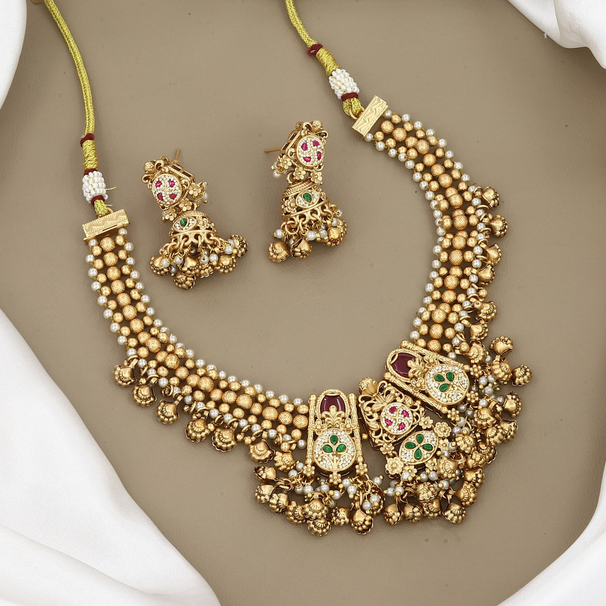 Traditional Gold-Plated Beaded & Stone Necklace Set
