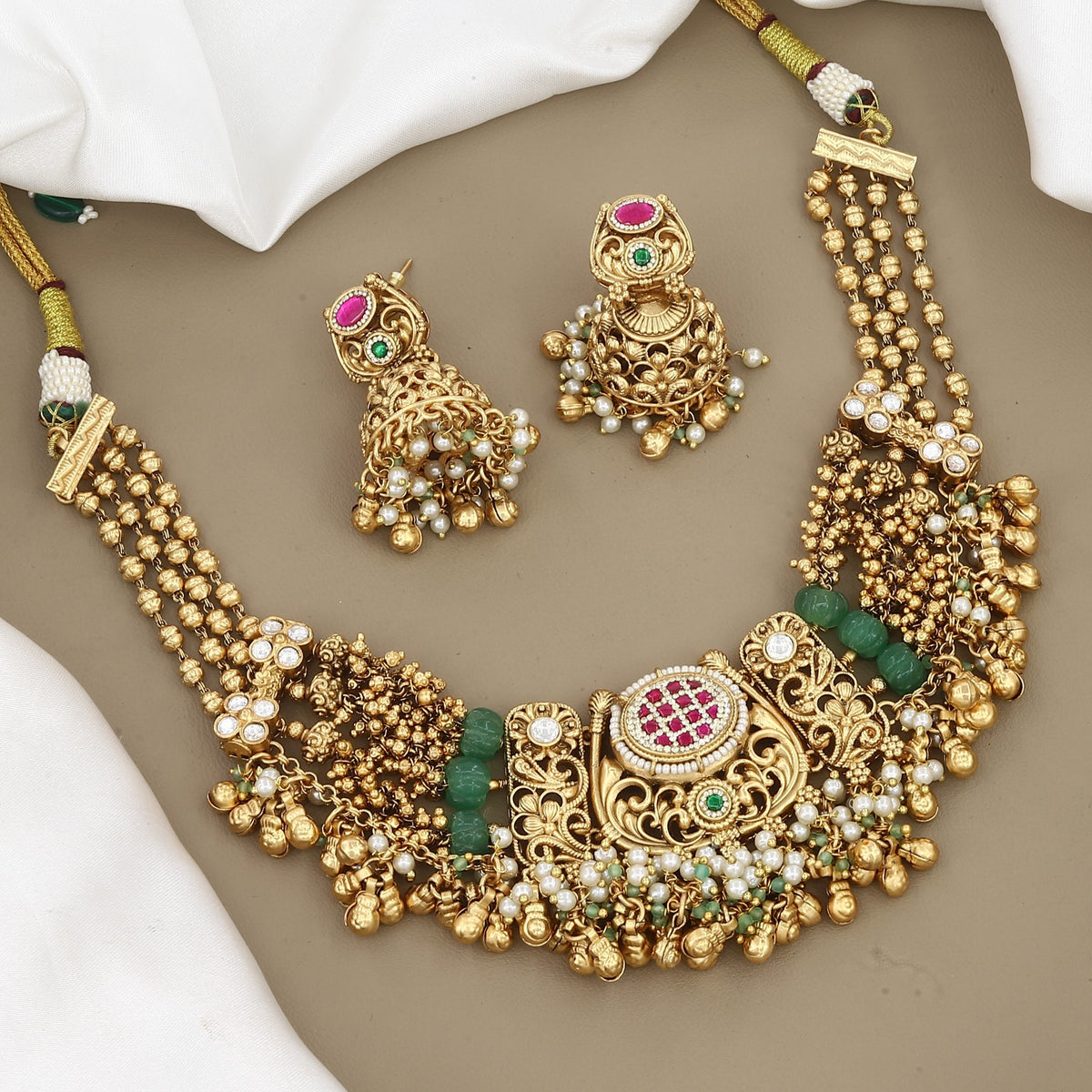 Traditional Gold-Plated Multi-Strand Temple Necklace Set