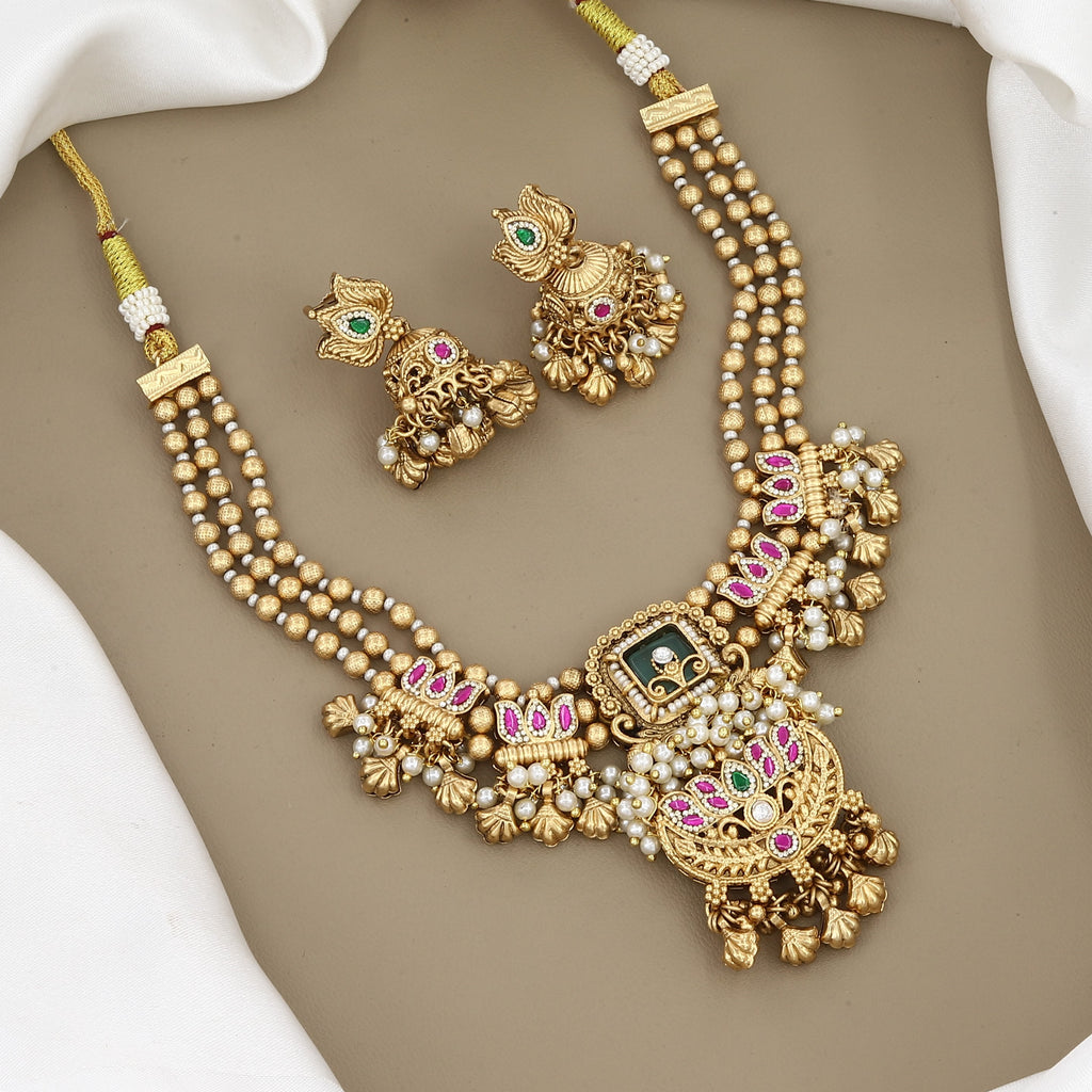 Traditional Gold-Plated Multi-Strand Stone Necklace Set