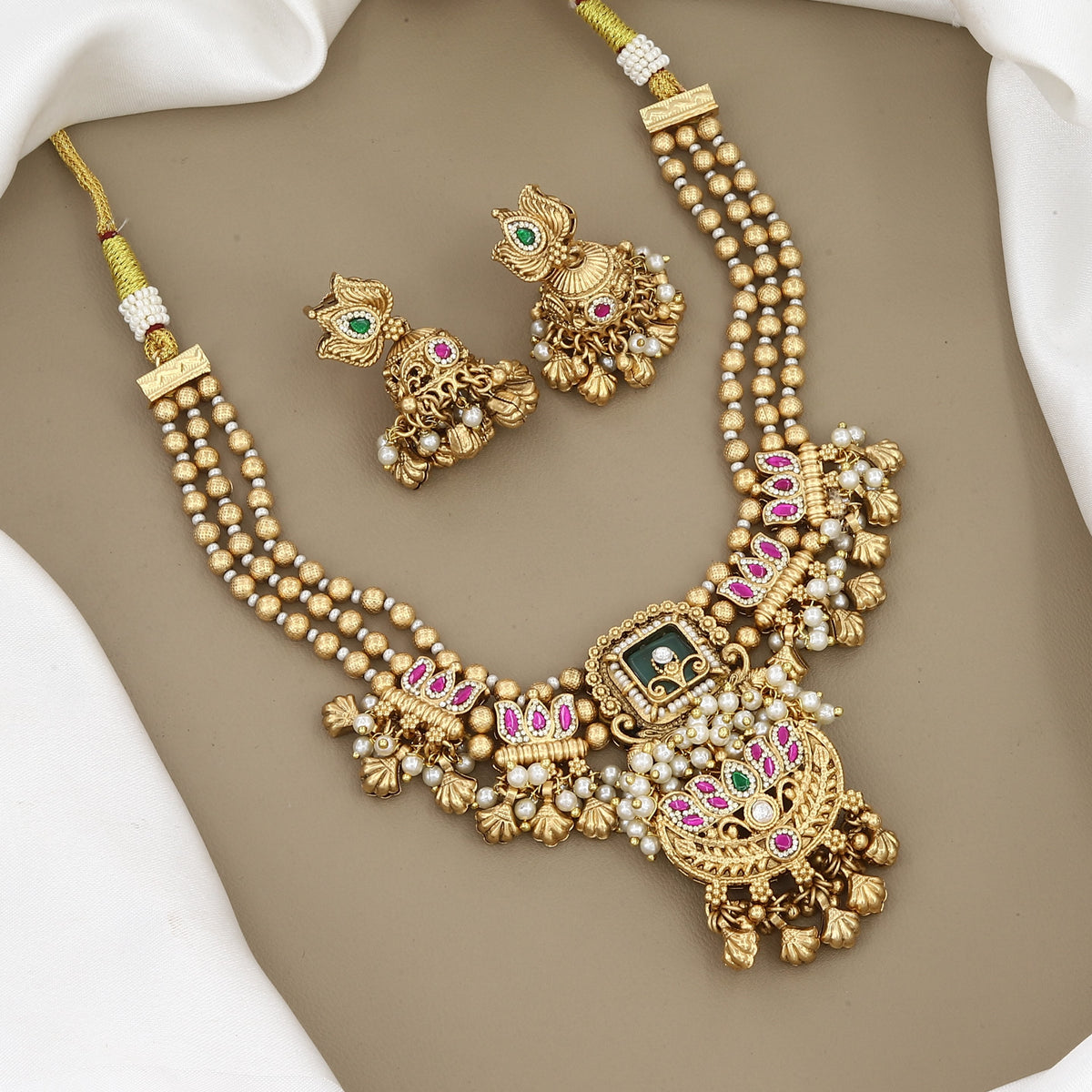 Traditional Gold-Plated Multi-Strand Stone Necklace Set
