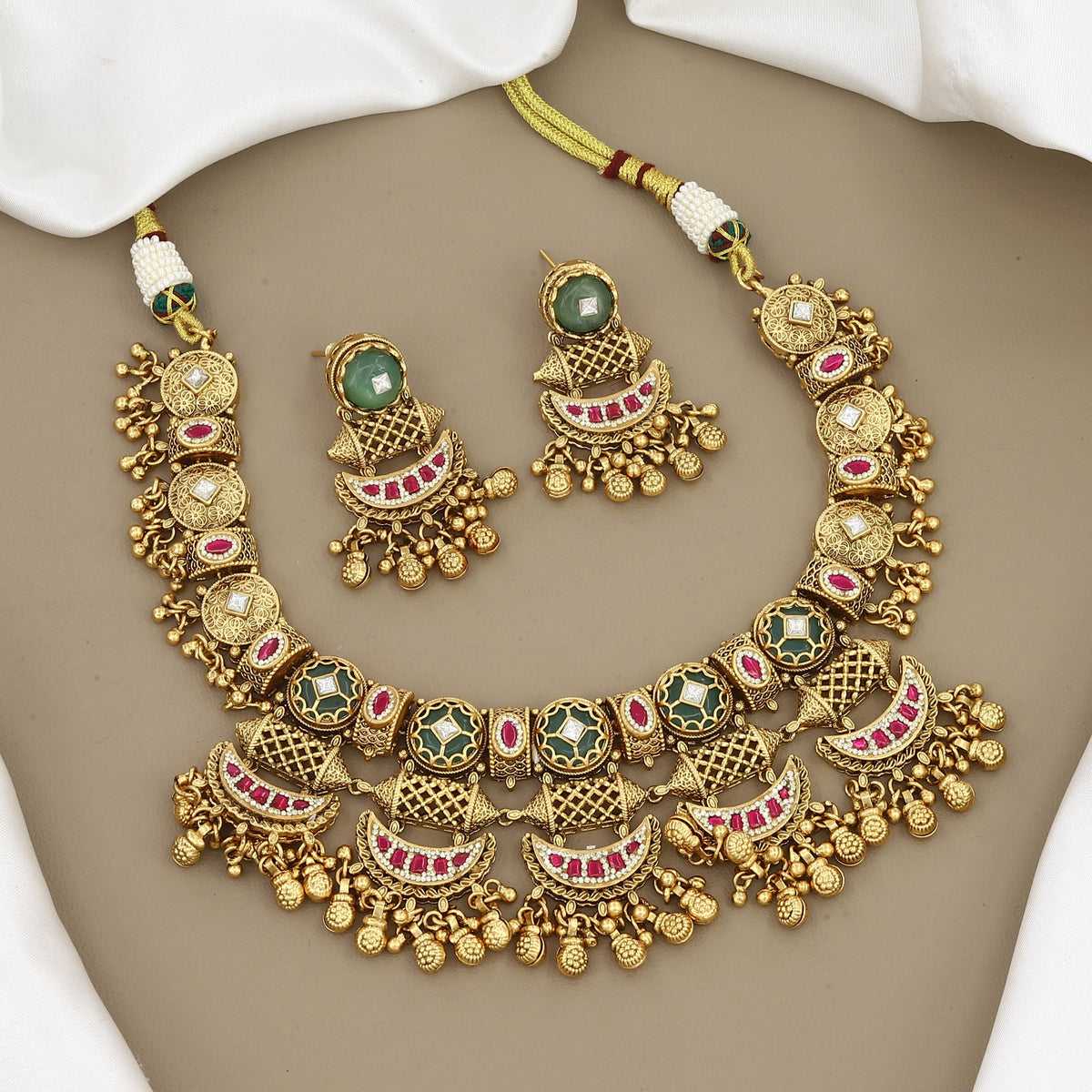 Traditional Gold-Plated Layered Stone Choker Necklace Set