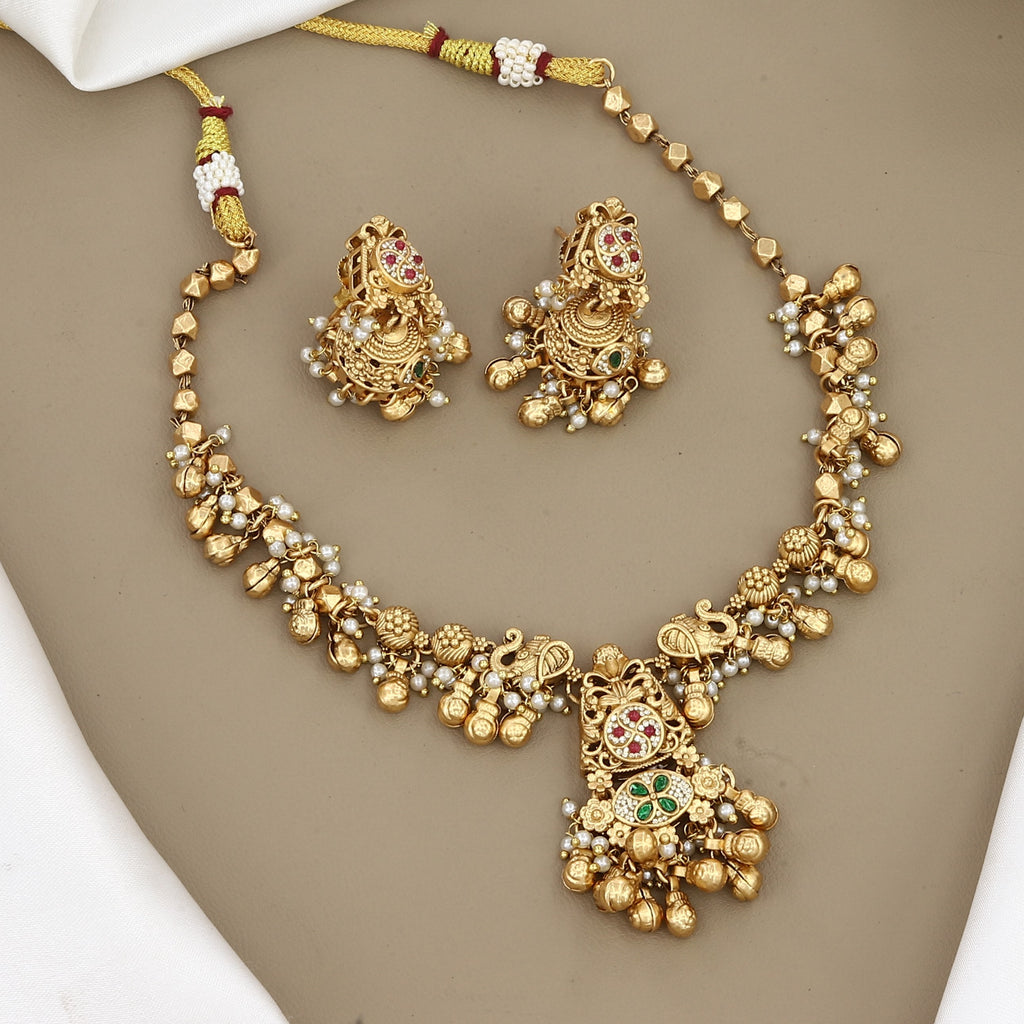 Traditional Gold-Plated Temple Pendant Necklace Set