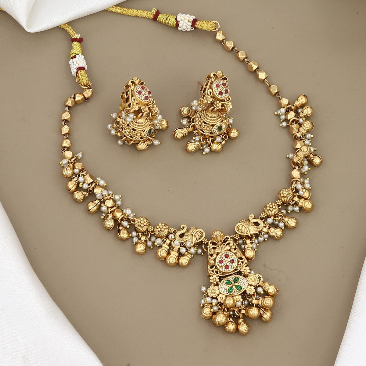 Traditional Gold-Plated Temple Pendant Necklace Set