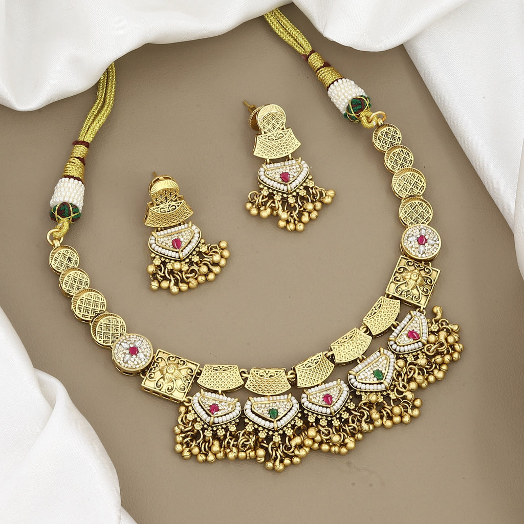 Traditional Gold-Plated Coin & Stone Choker Necklace Set