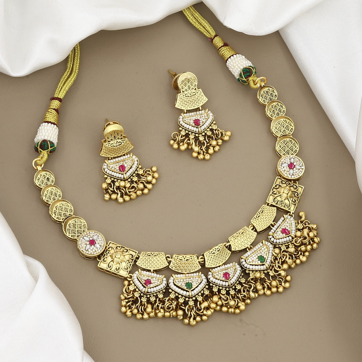 Traditional Gold-Plated Coin & Stone Choker Necklace Set