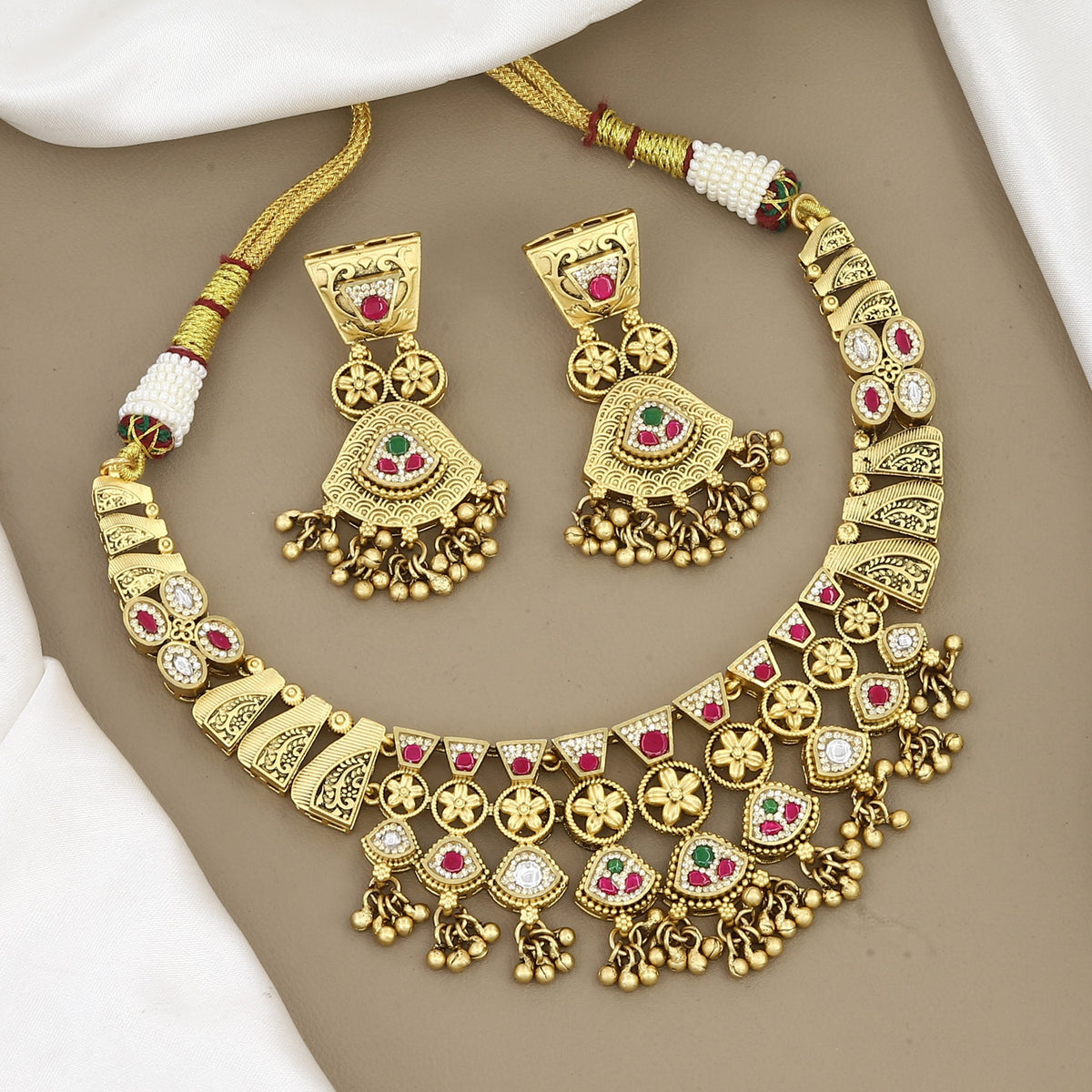 Traditional Gold-Plated Ruby Stone Layered Choker Necklace Set