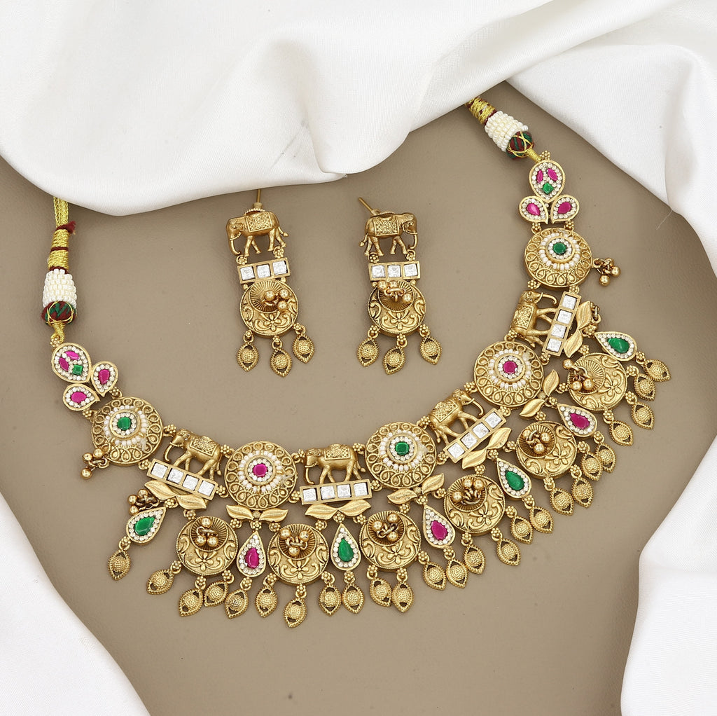 Traditional Gold-Plated Elephant & Floral Choker Set