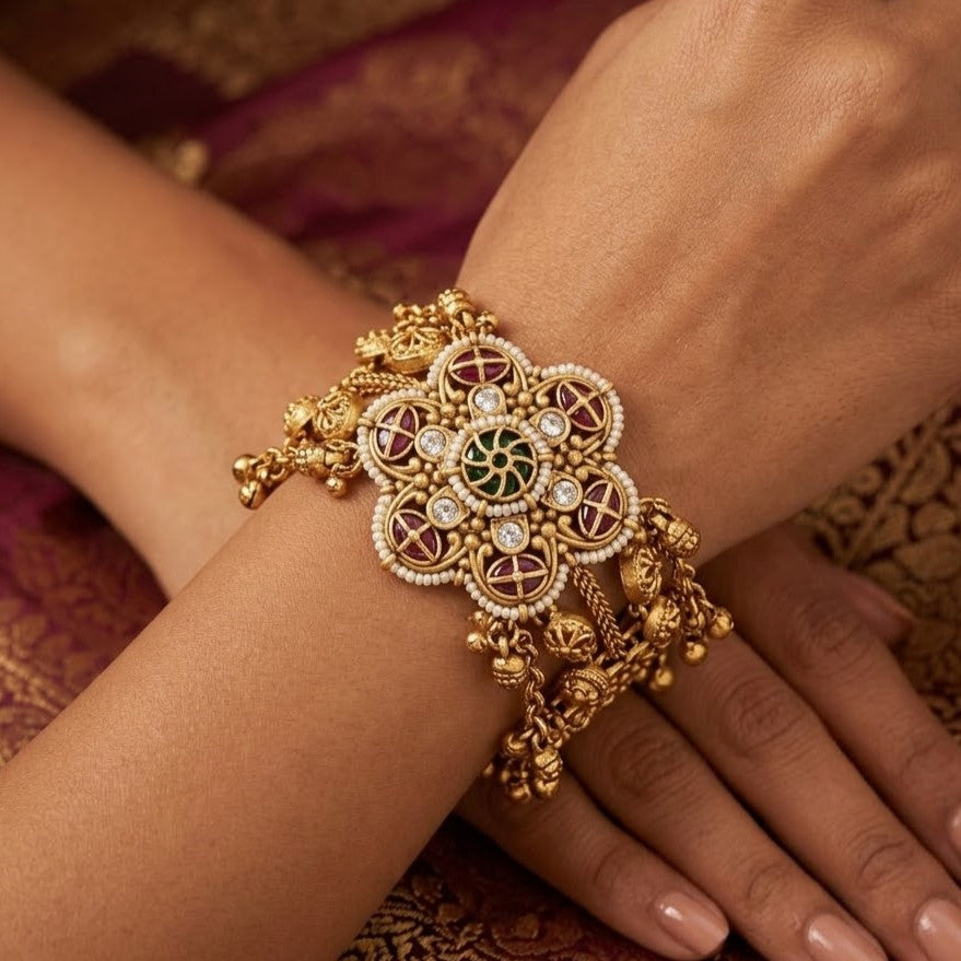 Traditional Indian Antique Gold Floral Statement Bracelet