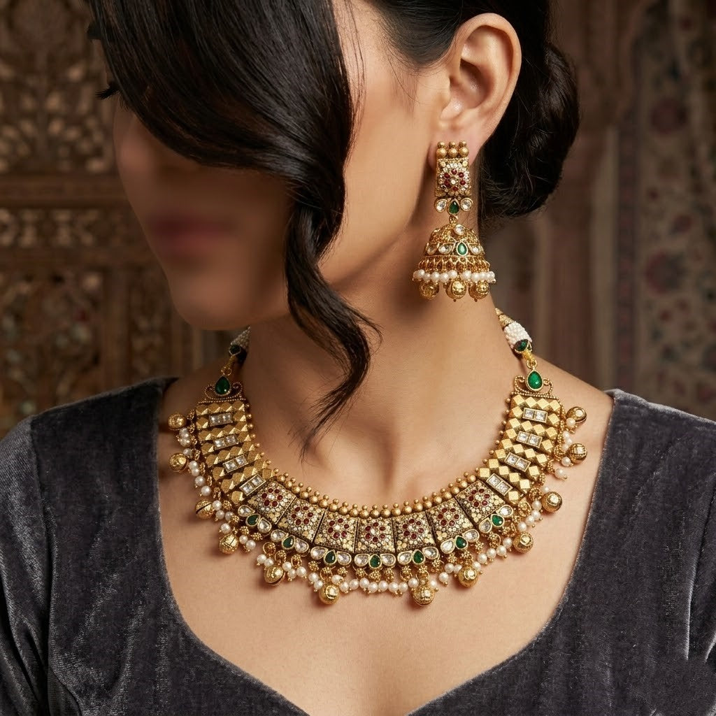 Premium Gold Plated CZ Necklace & Jhumka Earrings Set