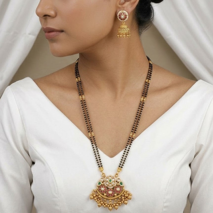 Floral Stone Mangalsutra Pendant Set with Black Beads