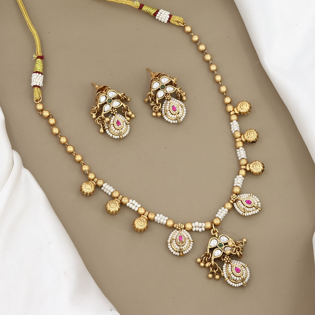 Traditional Gold-Plated Beaded Long Necklace Set