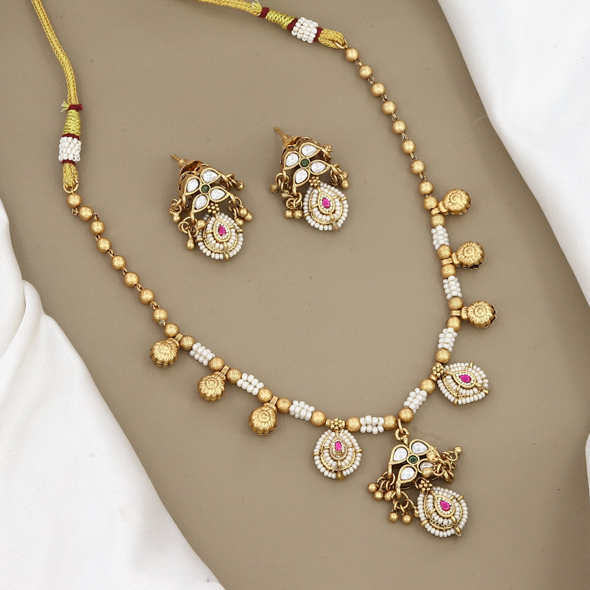 Traditional Gold-Plated Beaded Long Necklace Set