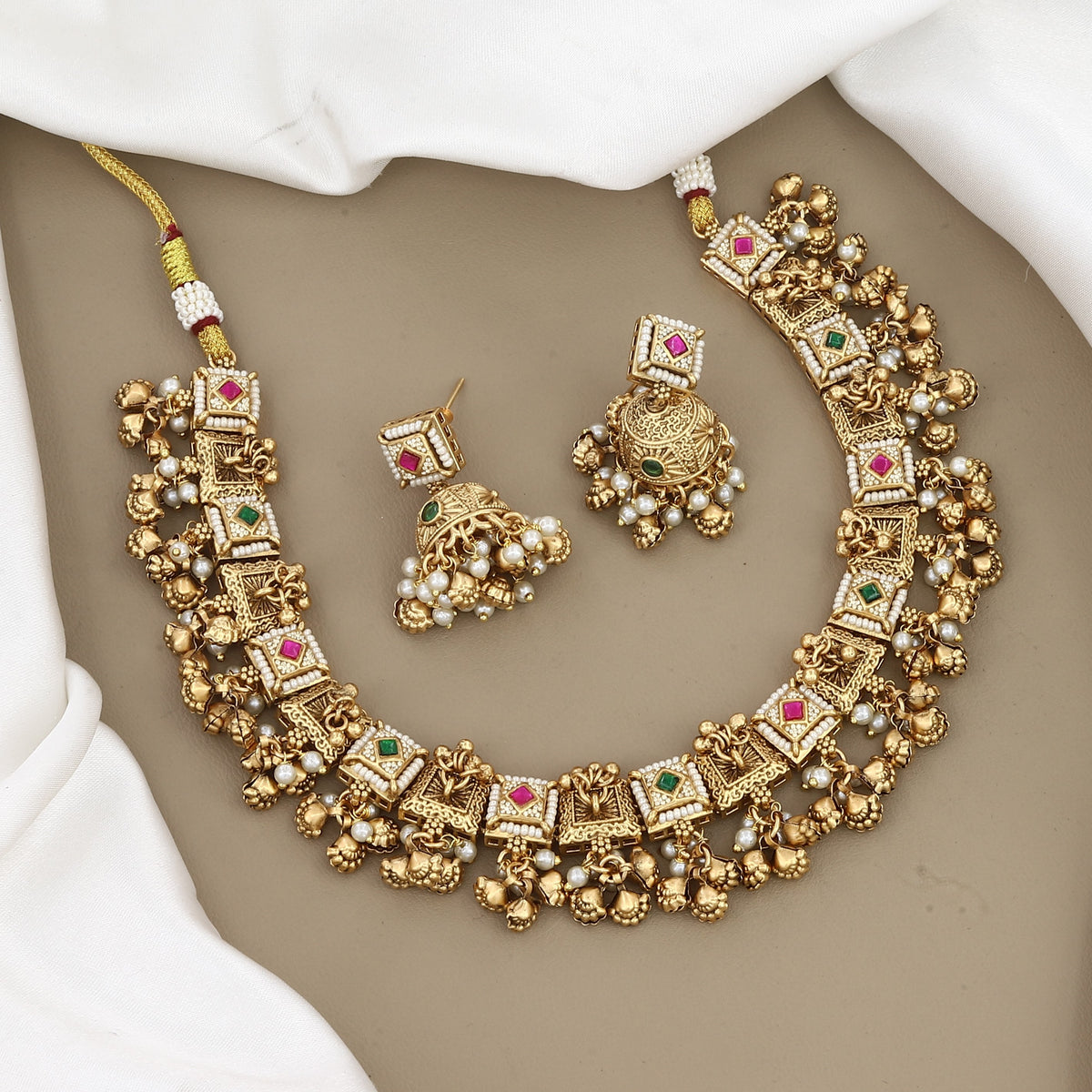 Traditional Gold-Plated Square Stone Choker Necklace Set