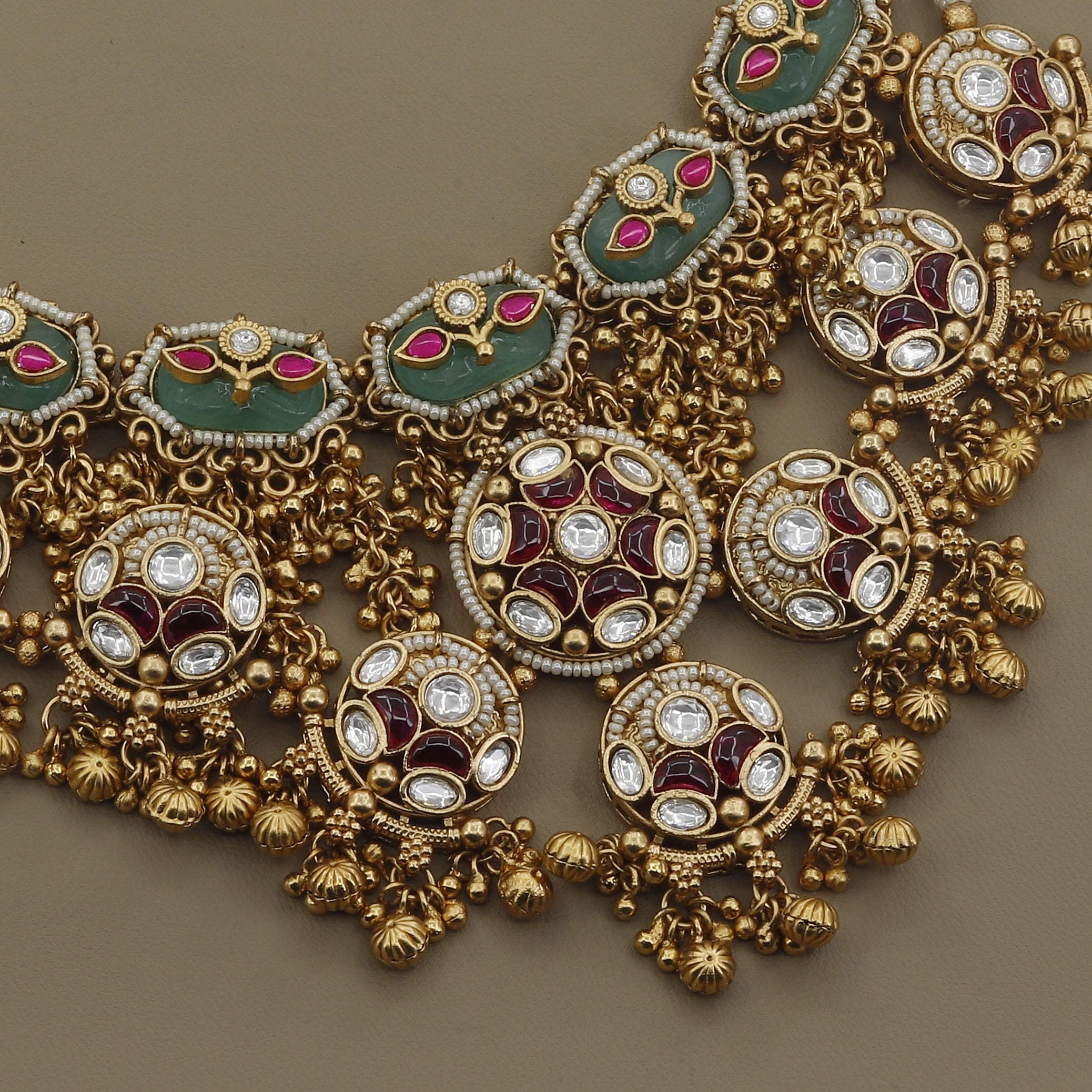 Premium Polki Style Necklace Set with Ruby Accents