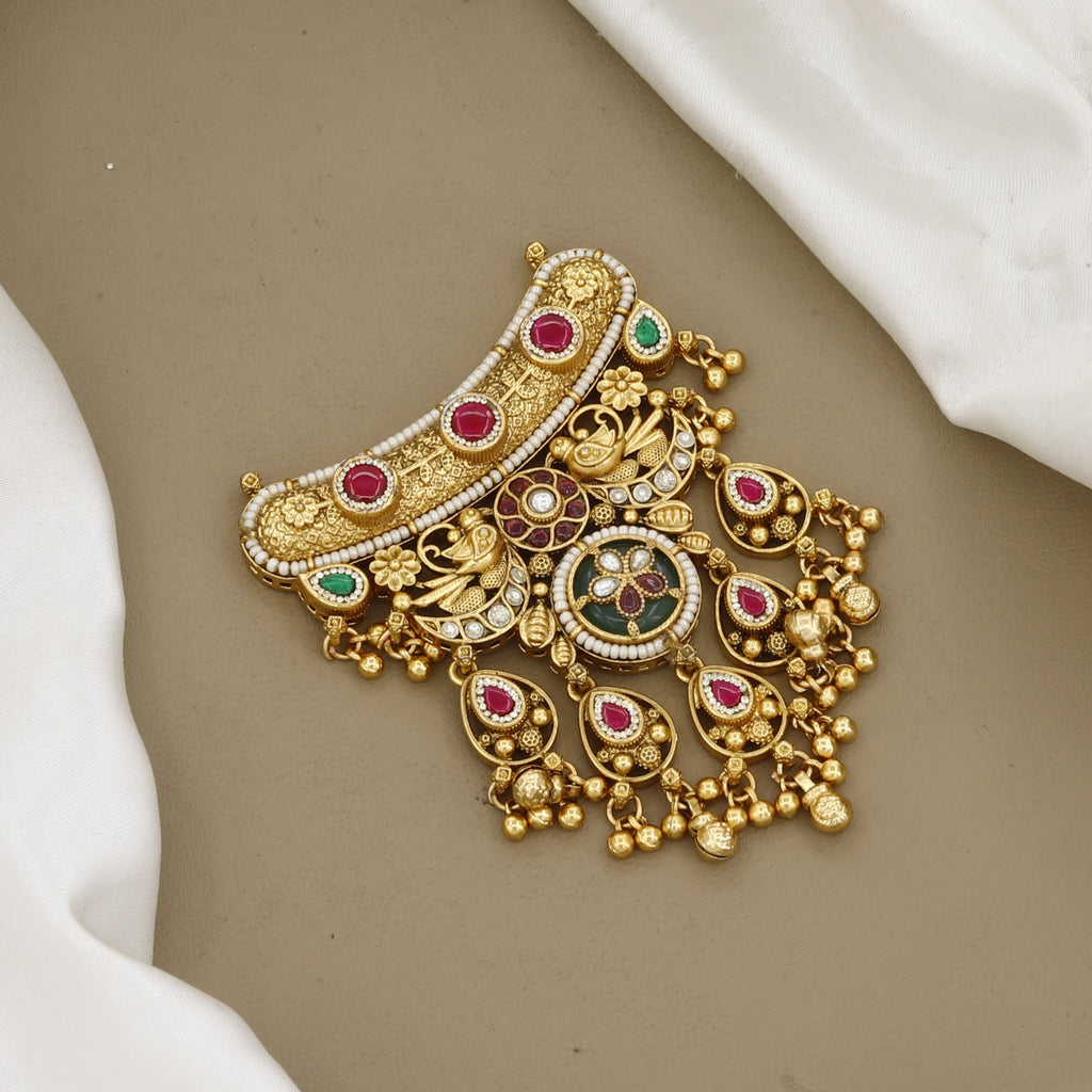 Antique Gold Pendant and Earring Set with Rubies & Emeralds