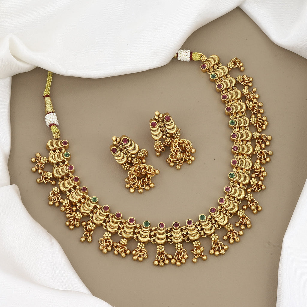 Traditional Gold-Plated Crescent Stone Choker Necklace Set