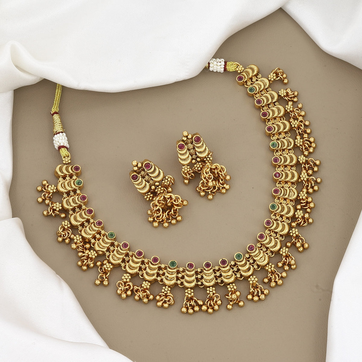 Traditional Gold-Plated Crescent Stone Choker Necklace Set