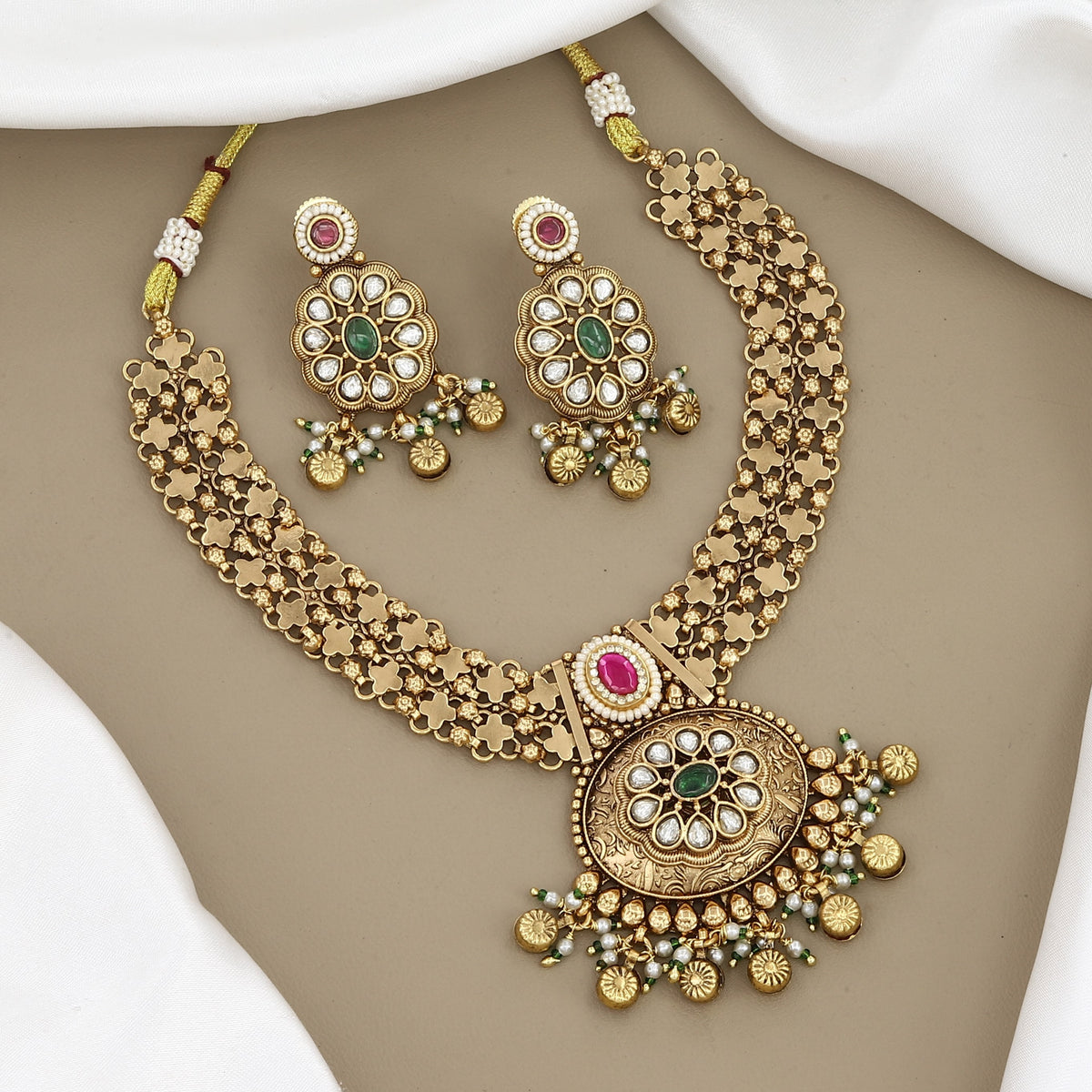Traditional Gold-Plated Multi-Strand Pendant Necklace Set