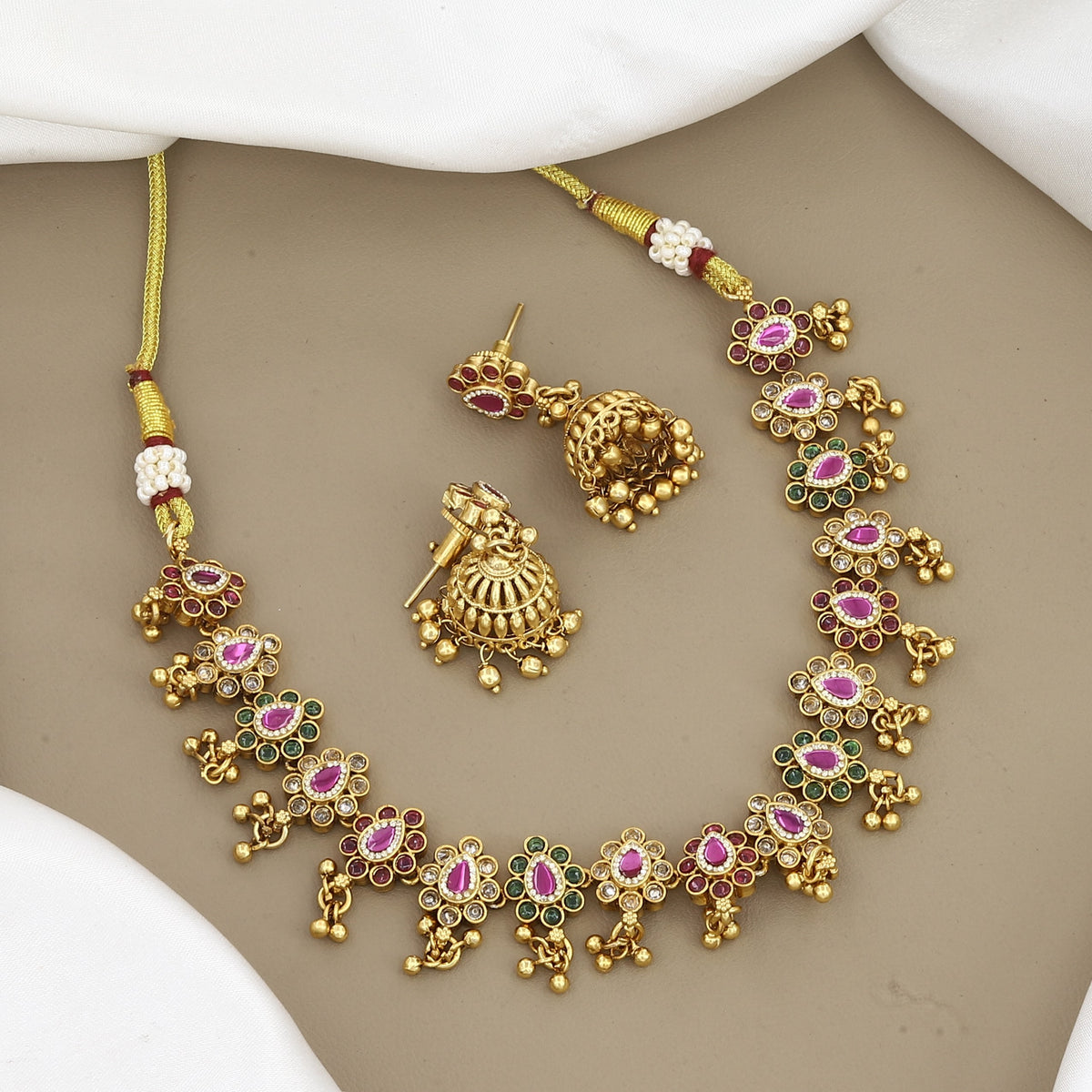 Traditional Gold-Plated Floral Stone Necklace & Jhumka Set