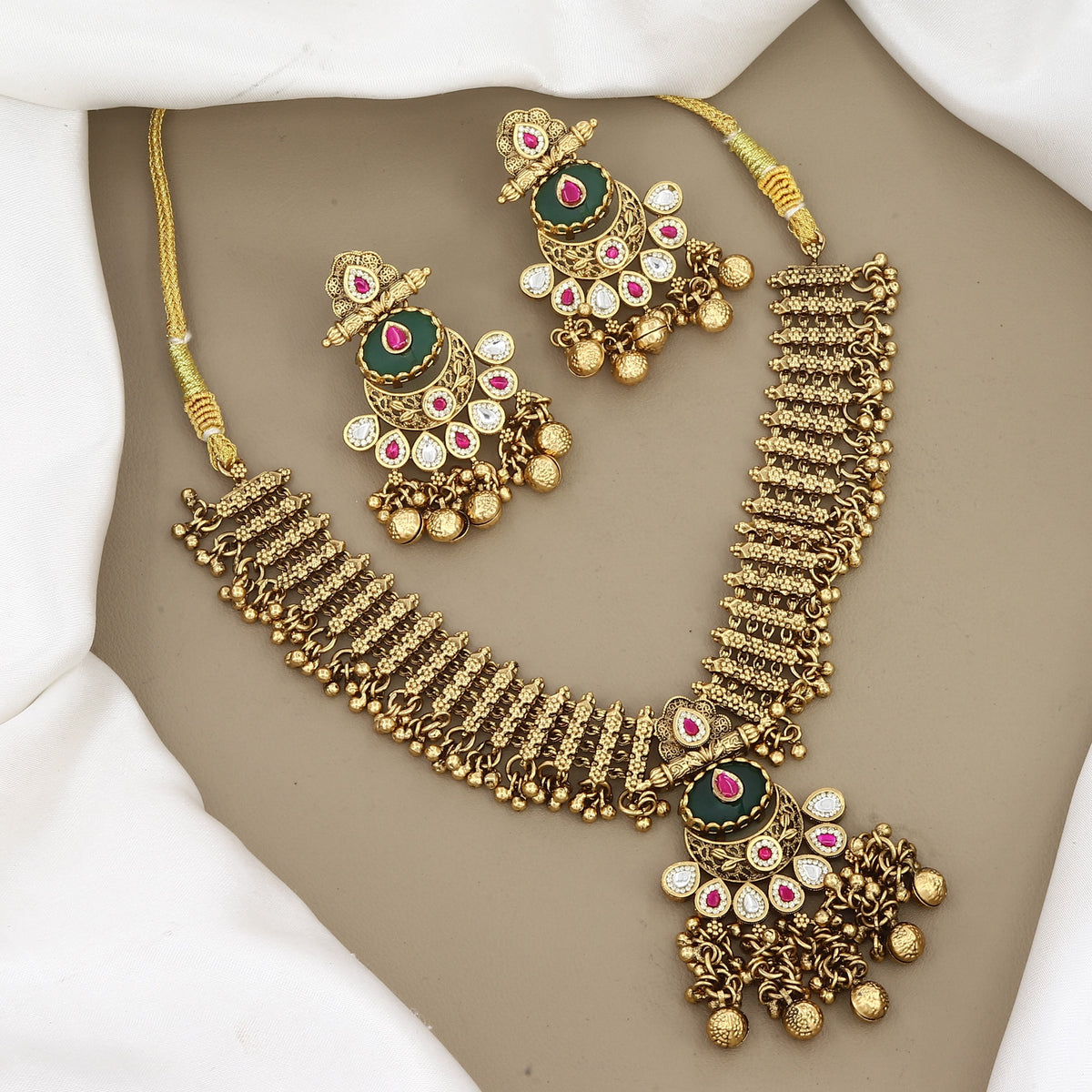 Traditional Gold-Plated Enamel & Stone Choker Necklace Set
