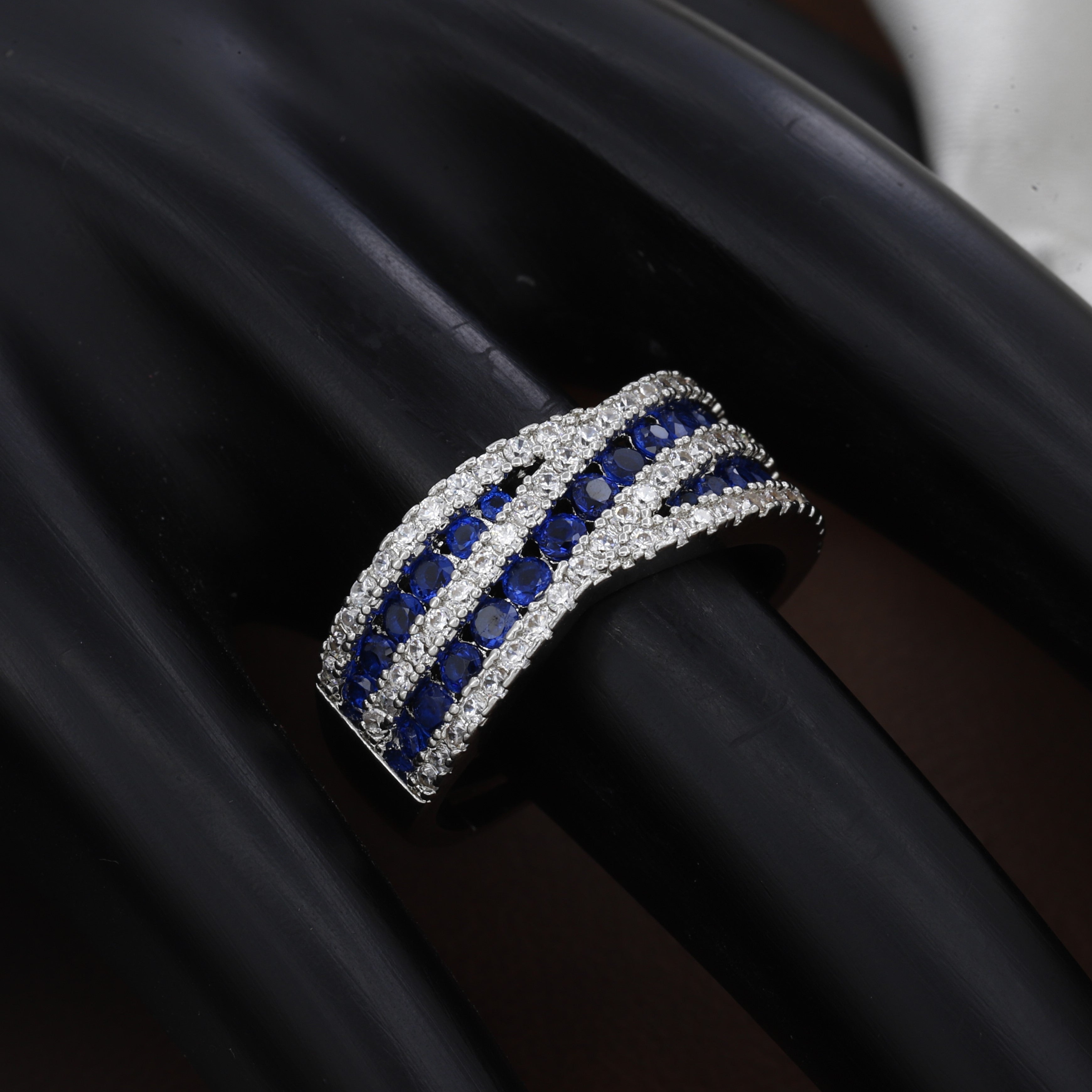 Elegant Blue Sapphire and Clear Zirconia Criss-Cross Multi-Row Band Ring
