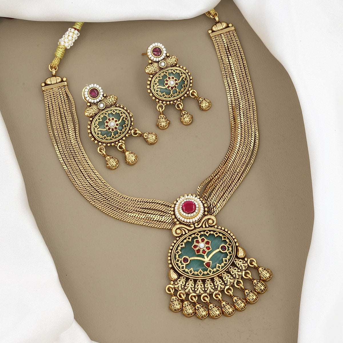 Traditional Gold-Plated Multi-Strand Enamel Pendant Necklace Set