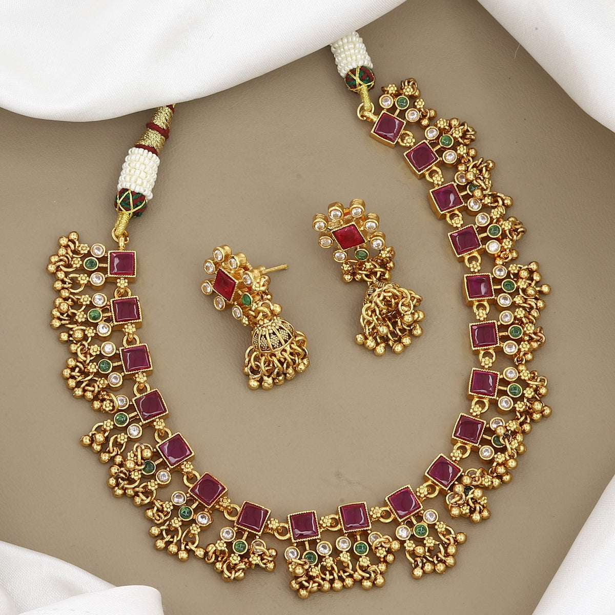Traditional Gold-Plated Ruby Stone Choker Necklace Set