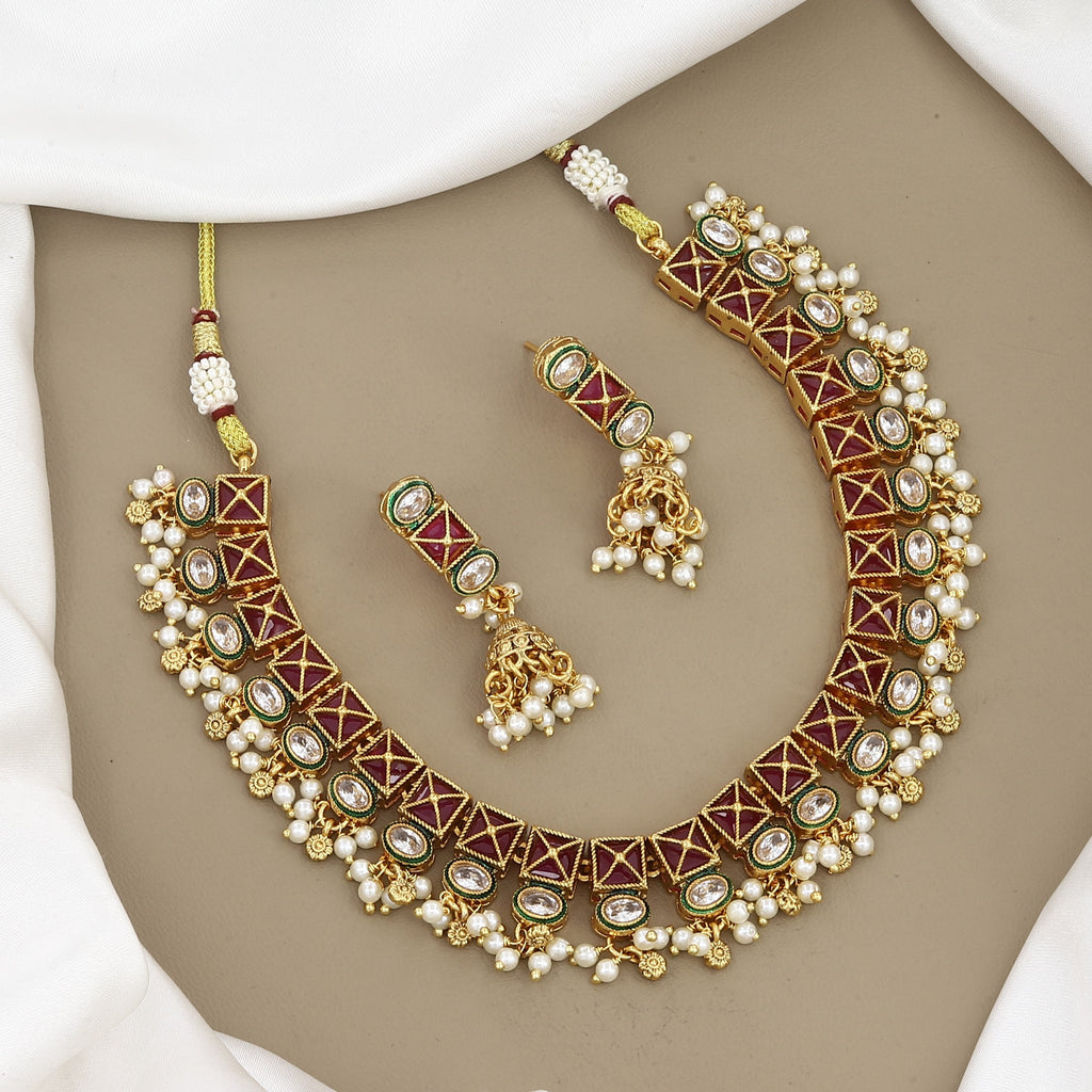 Traditional Gold-Plated Ruby & Pearl Stone Choker Set