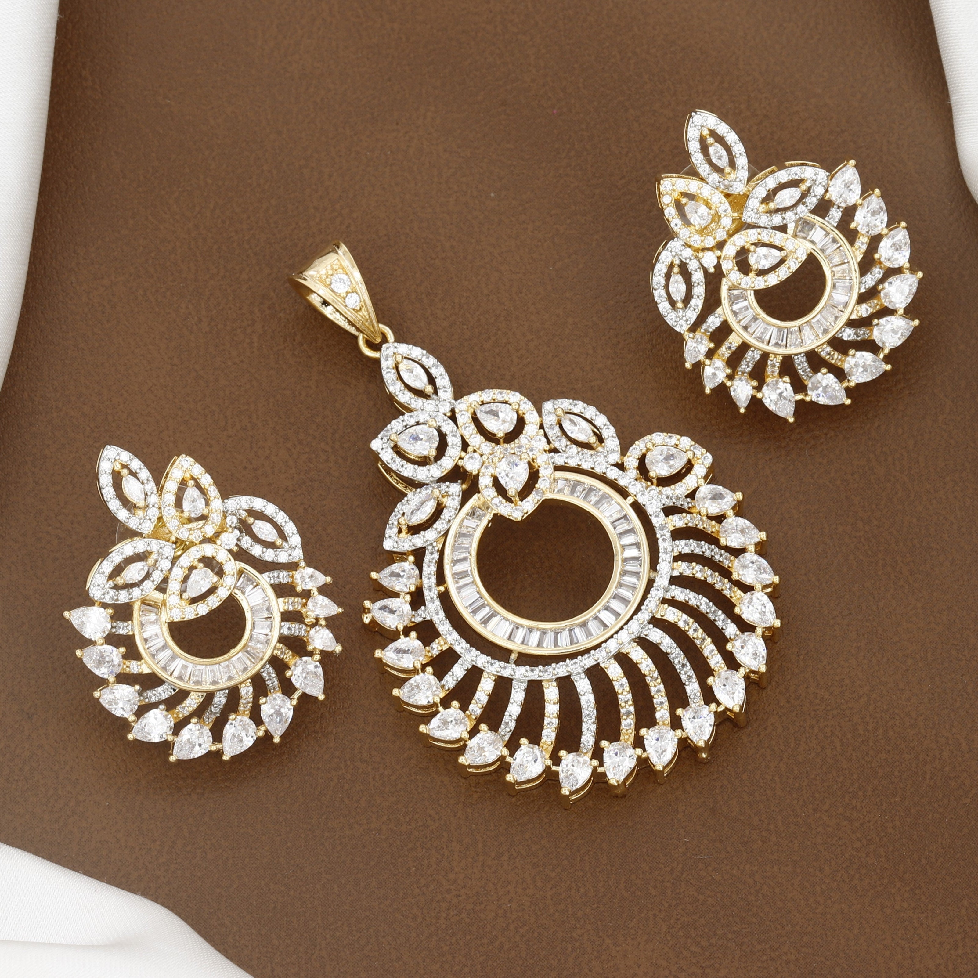 Elegant Gold Sunburst Pendant Set with Matching Earrings And Chain