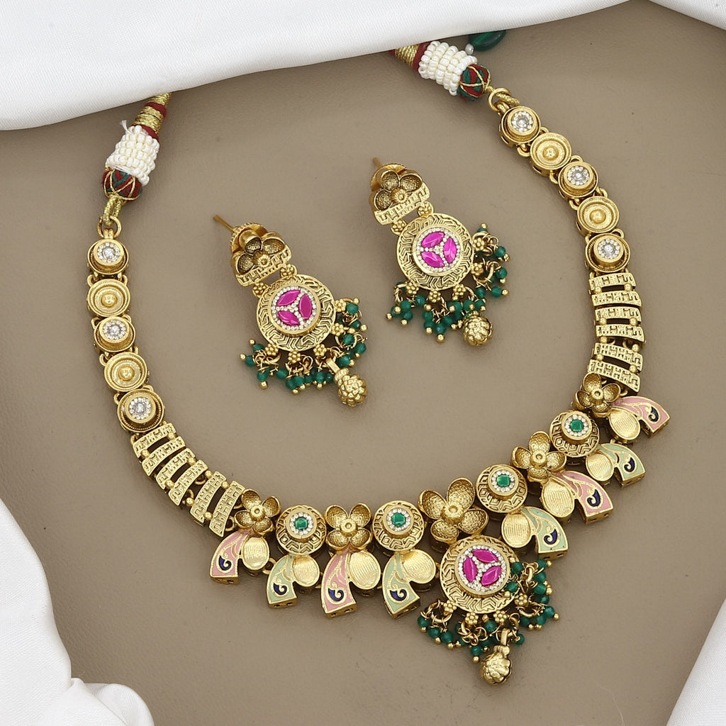 Traditional Gold-Plated Enamel Peacock & Floral Choker Set