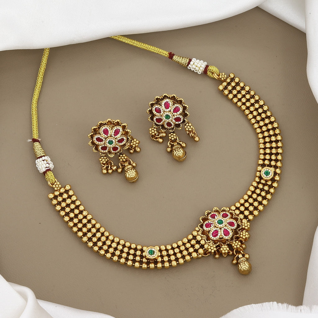 Traditional Gold-Plated Multi-Strand Beaded Floral Choker Set