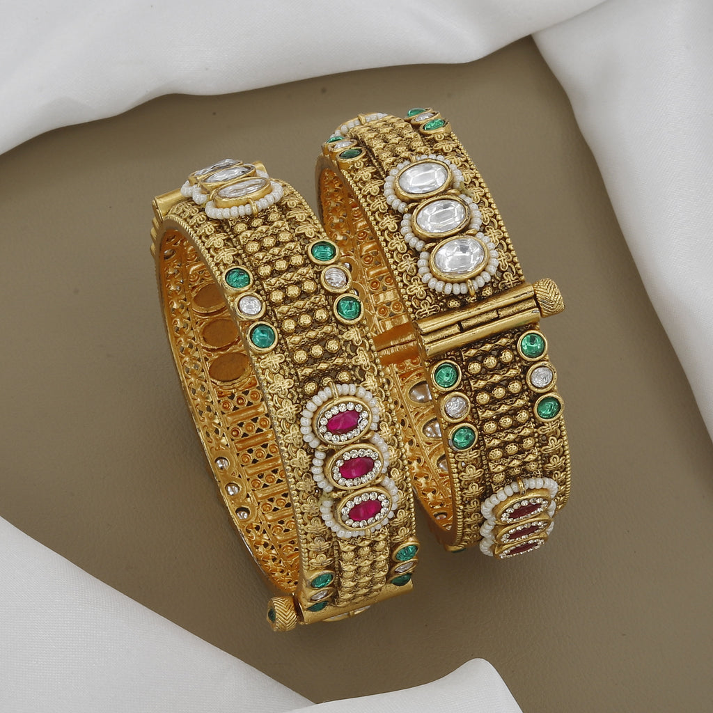 Premium Antique Finish Hinged Patla Set with Multi-Stone Embellishment