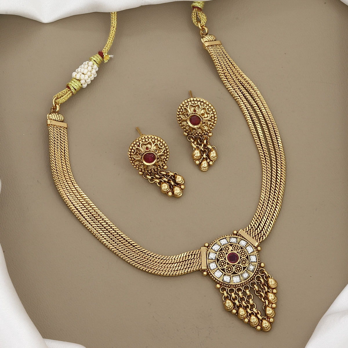 Traditional Gold-Plated Multi-Strand Pendant Necklace Set