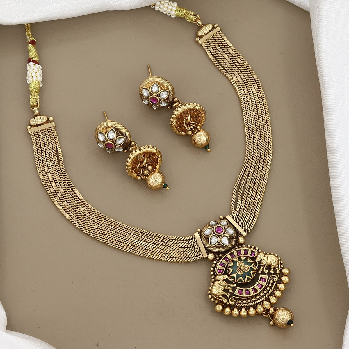 Traditional Gold-Plated Mesh Chain Temple Necklace Set