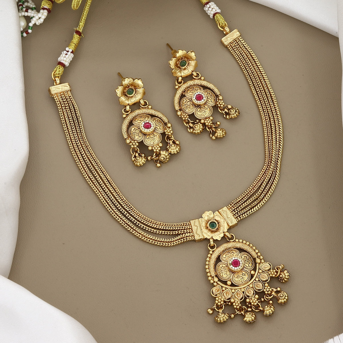 Traditional Gold-Plated Multi-Strand Stone Pendant Necklace Set