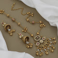 Grand Kundan Pendant Long Necklace Set with Antique Jhumkas
