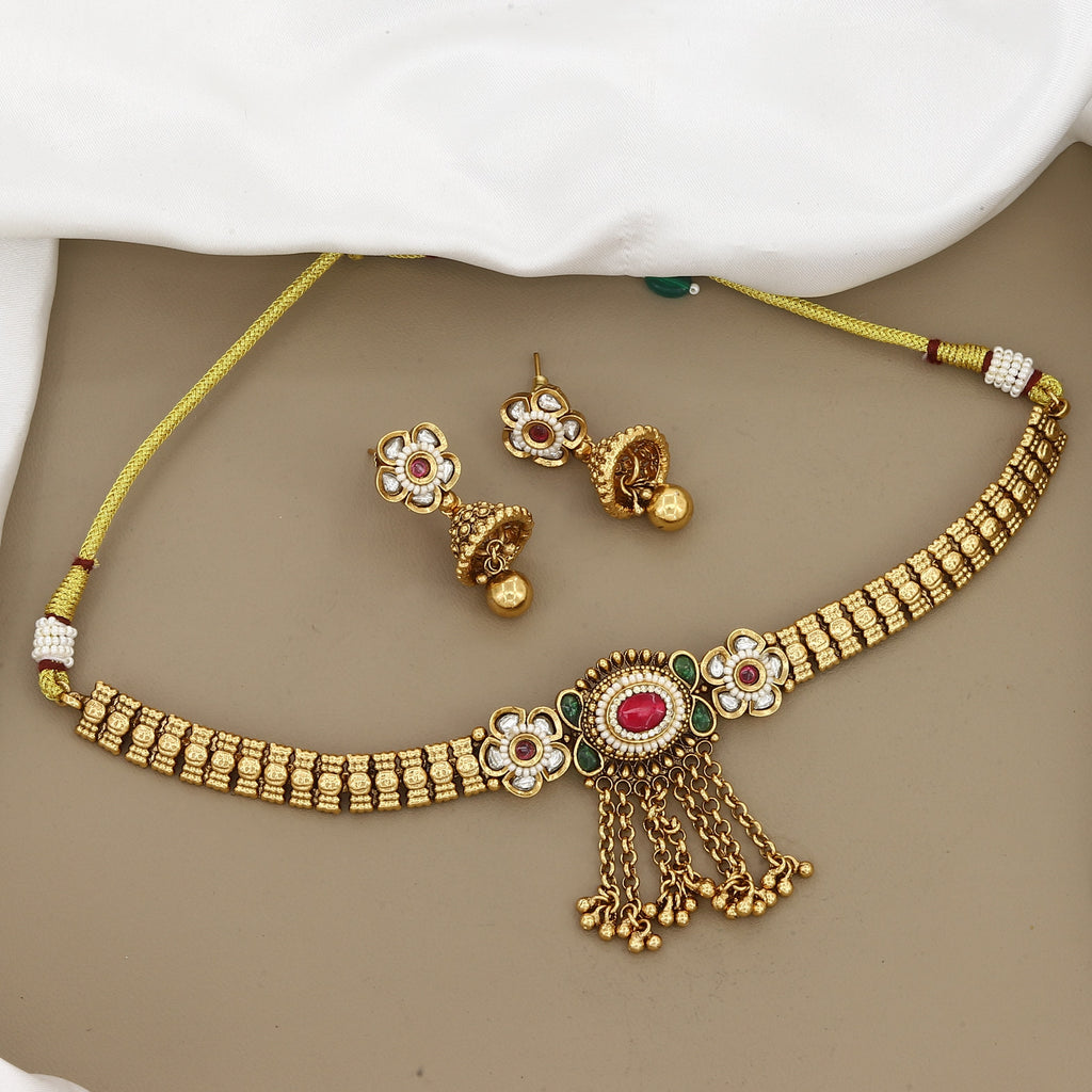 Traditional Gold-Plated Floral Stone Choker Necklace Set
