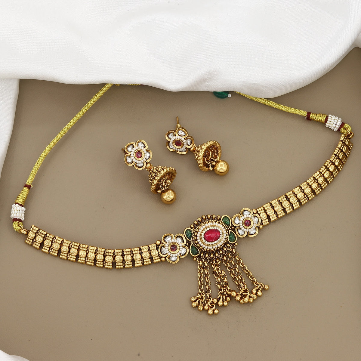 Traditional Gold-Plated Floral Stone Choker Necklace Set