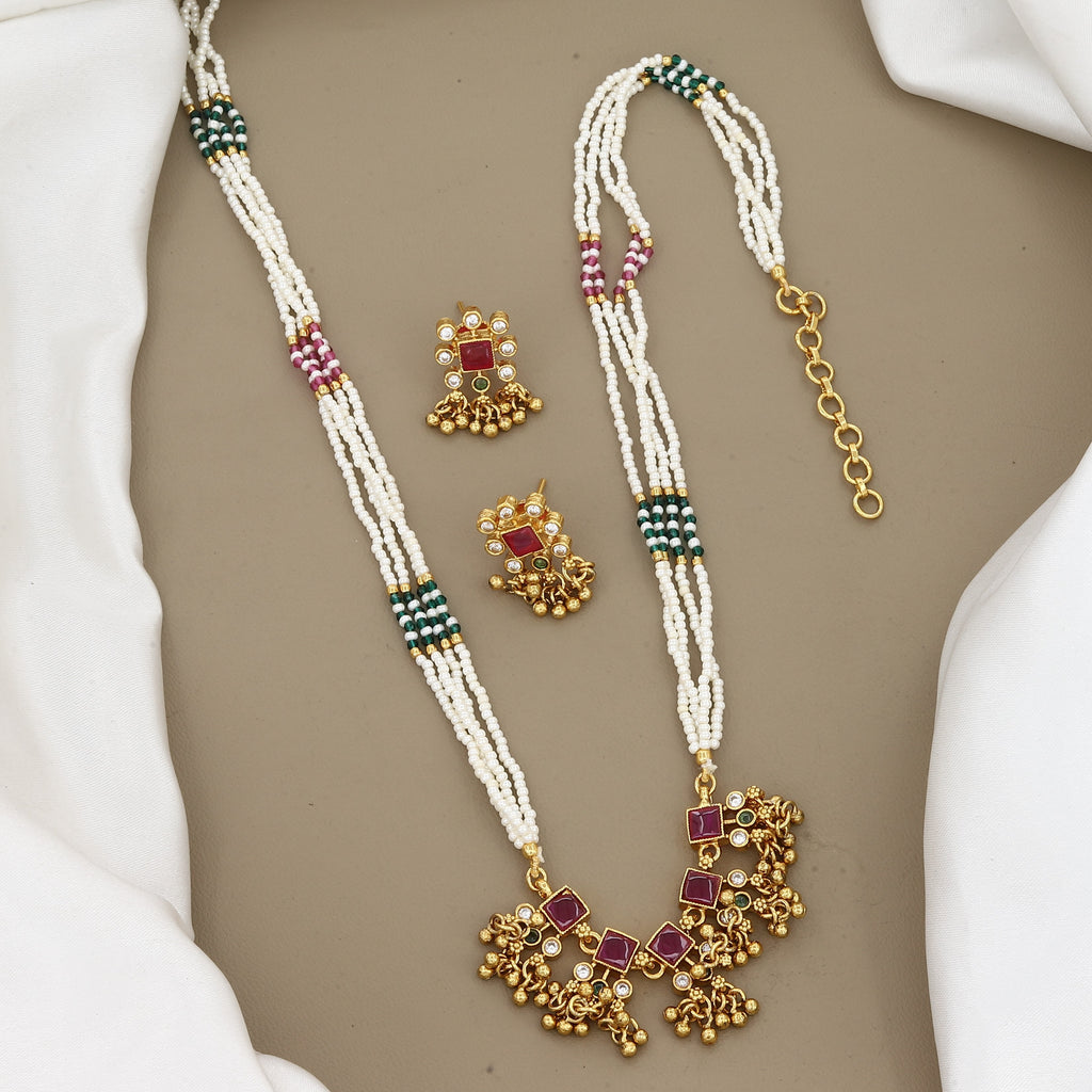 Traditional Gold-Plated Multi-Strand Pearl & Stone Long Necklace Set