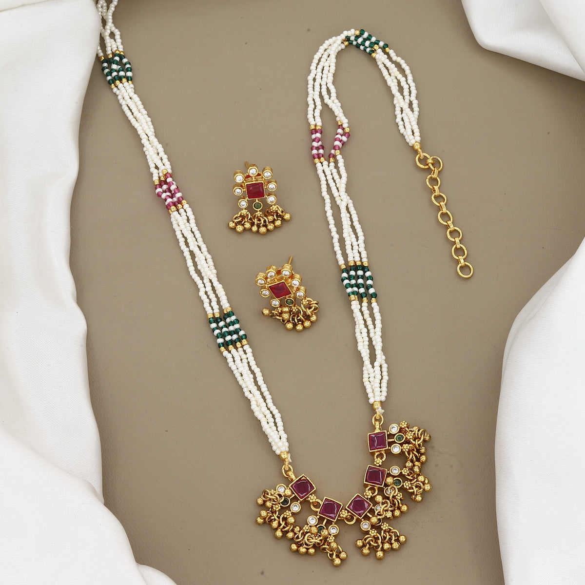 Traditional Gold-Plated Multi-Strand Pearl & Stone Long Necklace Set