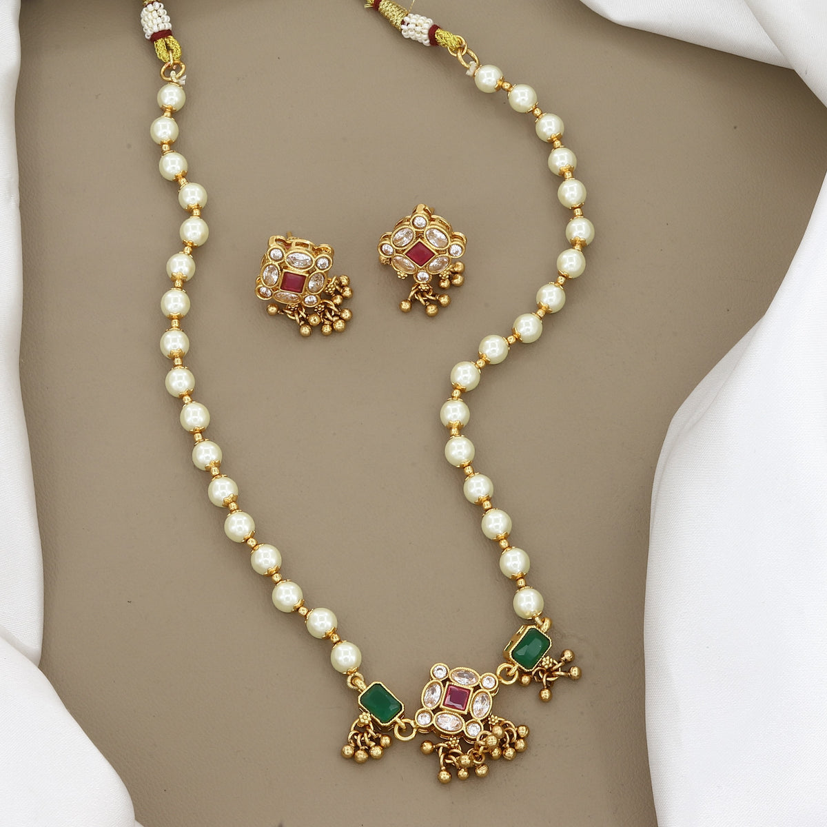 Traditional Gold-Plated Pearl & Stone Necklace Set with Earrings