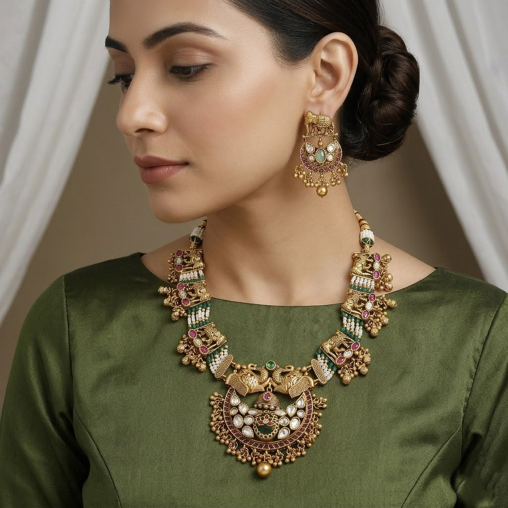Antique Peacock & Elephant Motif Necklace Set