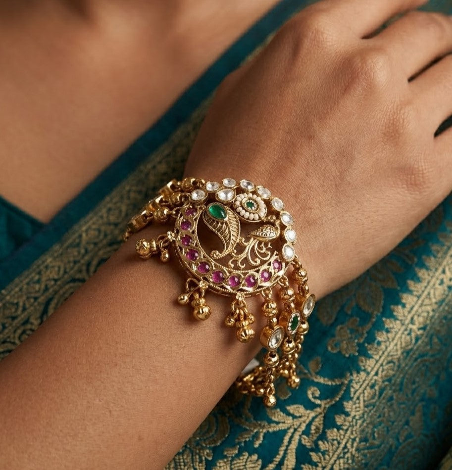 Traditional Indian Gold-Plated Peacock Kundan Meenakari Multi-Strand Bracelet