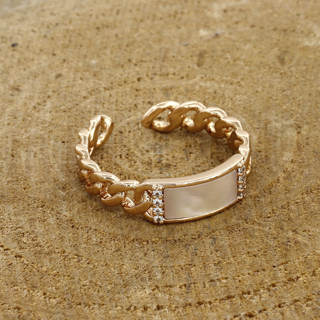 Rose Gold Curb Chain Adjustable Ring with Mother of Pearl Inlay